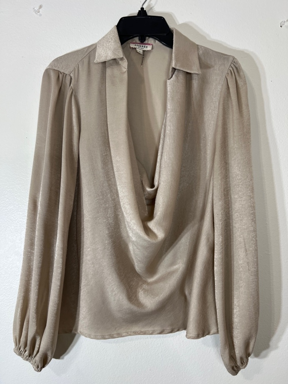 Andree Champagne Satin Drape Neck Blouse